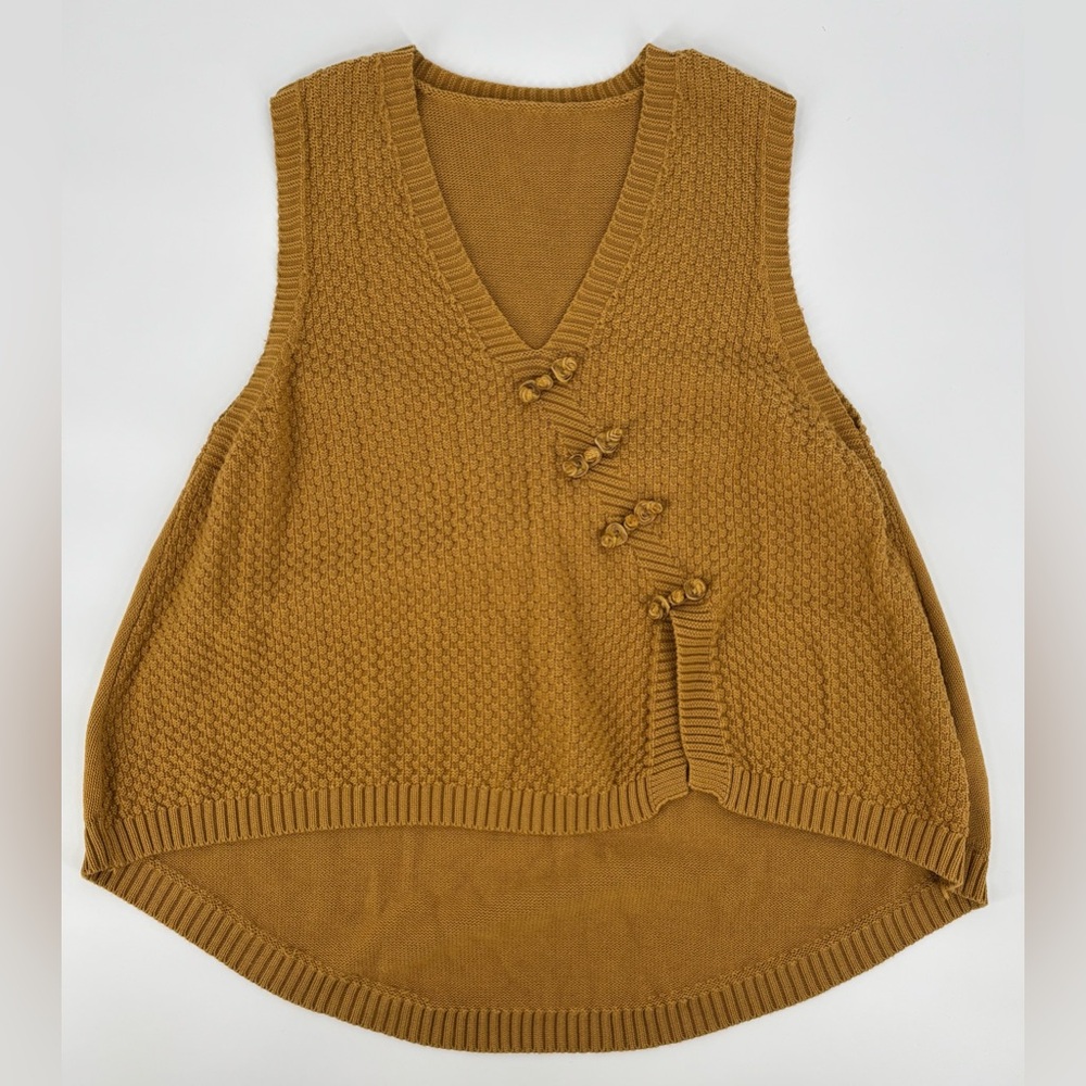 Asymmetric V-Neck Knit Sweater Vest Brown Mustard 100% Cotton Size M/L - Picture 3 of 7
